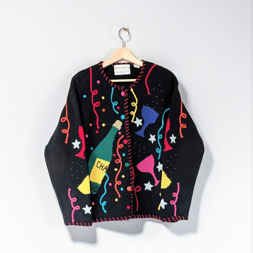 Vintage Marisa Christina New Years Sweater Novelty 90s Y2K Champagne Toast M